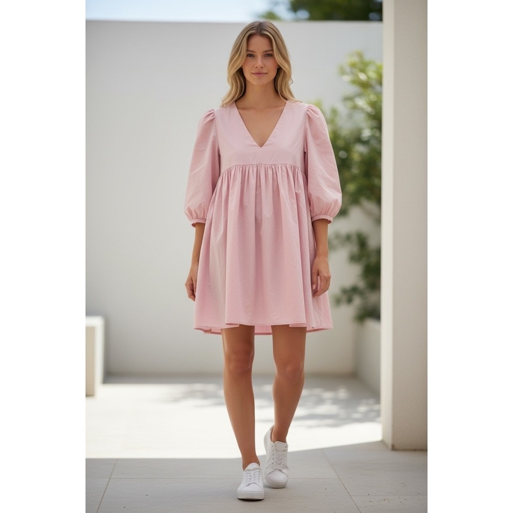 Sunday Best Aritzia Pink Babydoll Mini Dress V-Neck Puff Sleeve XS